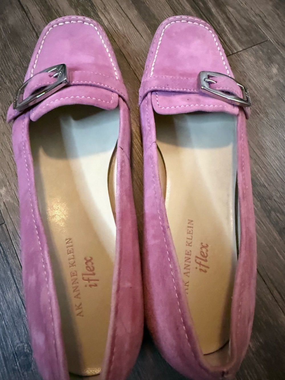 Anne Klein Pink Suede Loafers with Buckle Accent - Picture 6 of 9